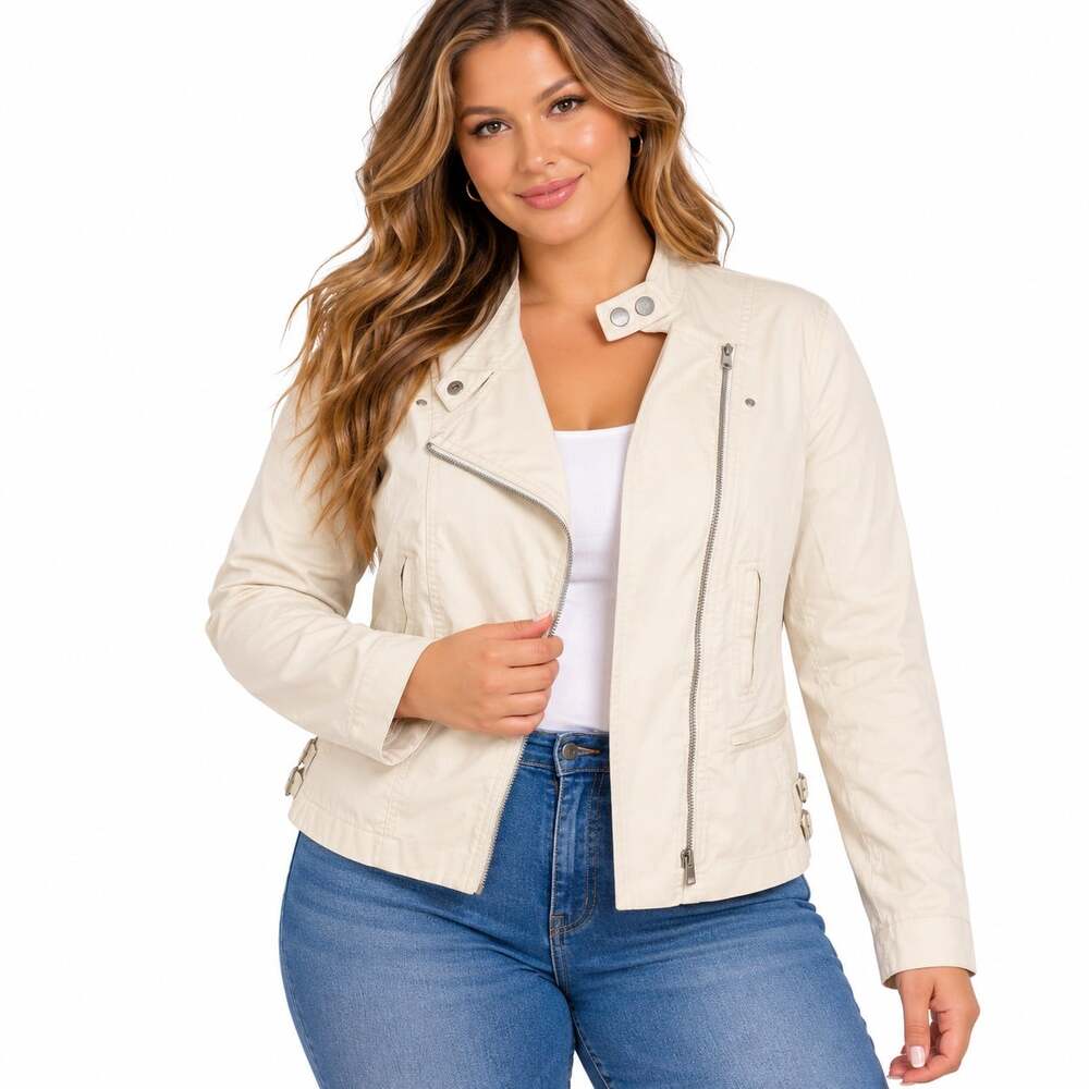 Votre Nom Womens Beige Moto Jacket Asymmetrical Zip Lightweight Size 12
